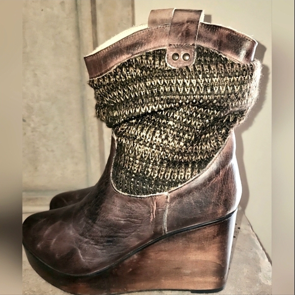 Bed Stu Bruges Leather and Knit Slouchy Wedge Booties Size 9 - Picture 3 of 13